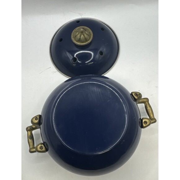 Vintage Brass and Enamel Blue Garlic Candle Pot with Vented Lid Brass Handles - Picture 8 of 8